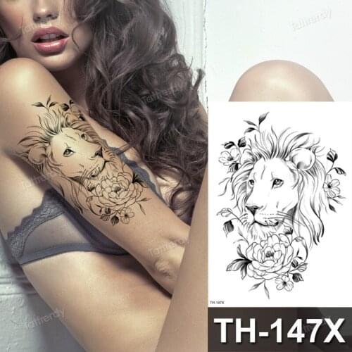 Black tattoo sticker flower lion wolf fox sexy fake tattoo for woman girls body art arm sleeve tattoo animals rose peony leaves