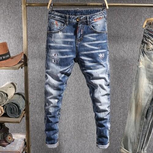 European Street Fashion Men Jeans Retro Blue Elastic Slim Ripped Jeans Men Embroidery Painted Designer Hip Hop Punk Pencil Pants