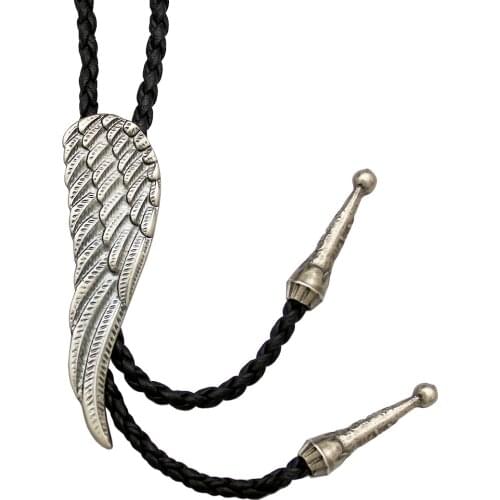 Western Retro Silver Plated Guardian Angel Wing Leather Rodeo Bolo Bola Tie Necktie Necklace For Men Gravatas Corbata Borboleta