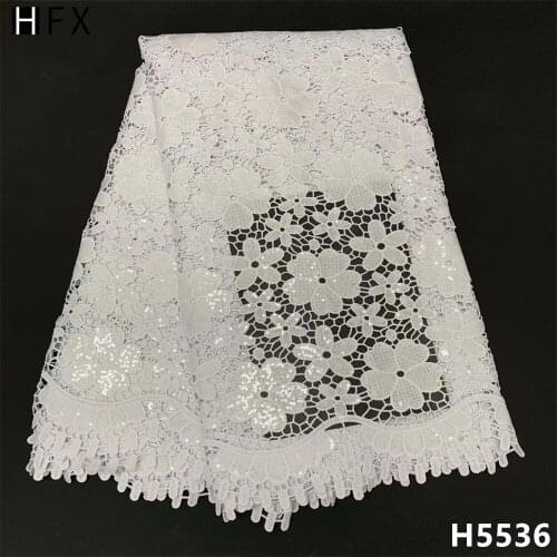 HFX Pure White Cord Lace Fabric With Sequins African Lace Fabric 2021 Nigerian Lace Guipure Lace Water Souble For Party Dress