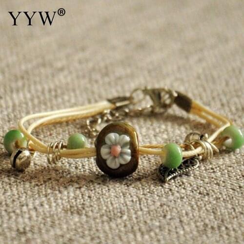 Handmade Ceramic Flower And Leaf Rope Chain Porcelain Bead Bracelet For Women Fashion Pendants Vintage Jewelry Accessories Bell