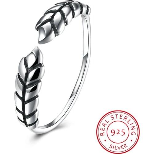 S925 Silver Rings Vintage Sterling Silver 925 Rings for Women Men Ancient Silver Feather Unisex Party Ring Free Size Finger Wear