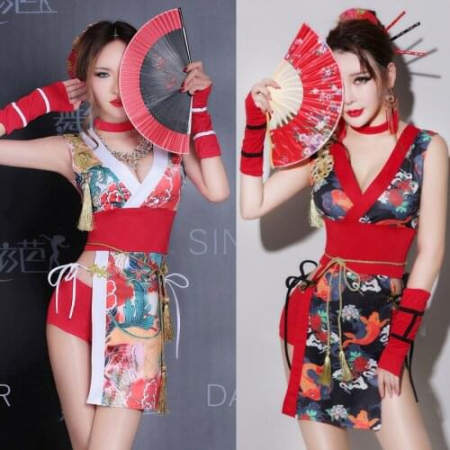 Beautiful Nightclub Dress Women Cosplay Costumes Red Chinese Cheongsam Dress Bar DJ Costume Leading Dancer Stage Costume BL1909