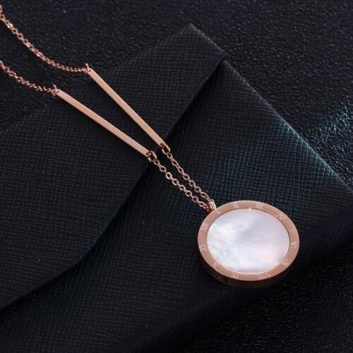 Hot Sale Black White Double Face Shell Roman Numerals Round Rose Gold Color Stainless Steel Long Necklace Free Shipping