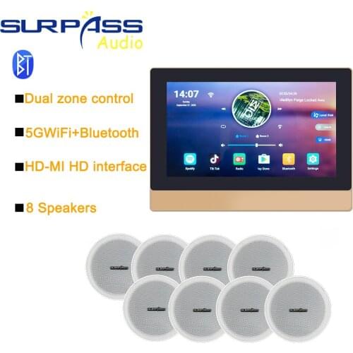 Whole House Audio Music System 2Zone 7inch Screen Wall Amplifier 8Ceiling Speaker 5GWIFI+Bluetooth HD-MI USB Interface Amplifier