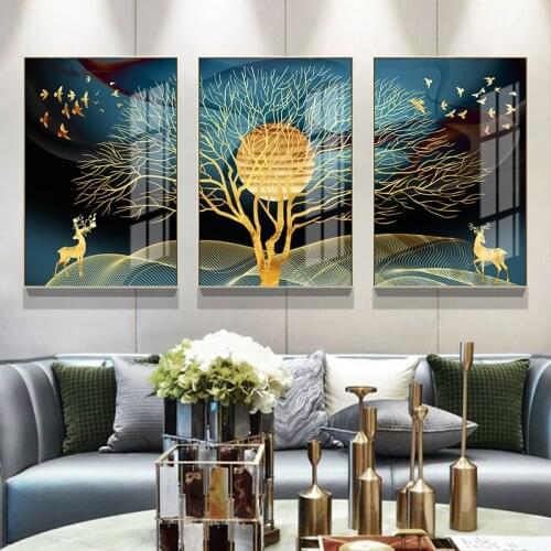 Golden Abstract Deer Tree Bird Wall Art Canvas Painting Nordic Posters and Prints Decorative Pictures for living Room Home Decor