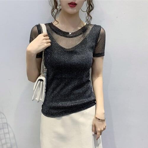 2020 New Sexy Mesh Stitching Tops Summer Women Short Sleeve Thin T-shirt Korean Fashion Women Party Club Shining Tees Shirt