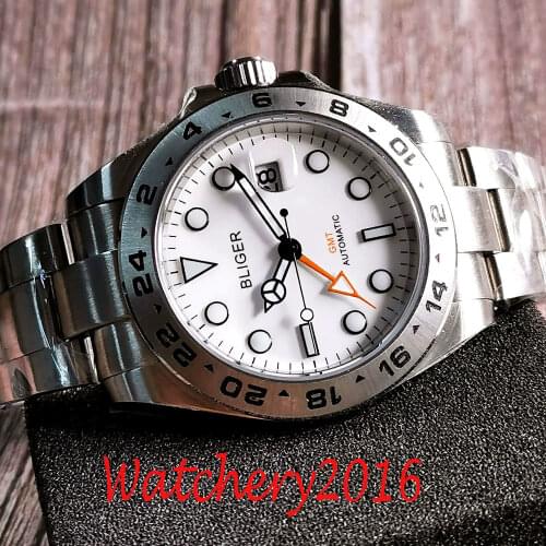 BLIGER Orange GMT New Arrival Automatic Men Watch Black Hand Brushed Oyster Bracelet Spaphire Glass Steel Metal Bezel