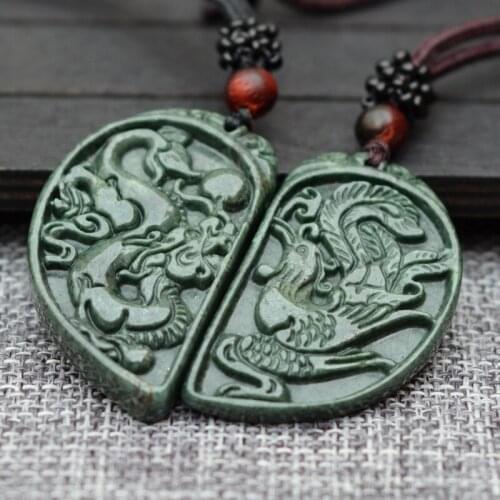 Wholesale Natural Dark Green Jades Heart-shaped Pendant Carved Dragon Phoenix Pendant Necklace Women Men Lovers Fashion Jewelry