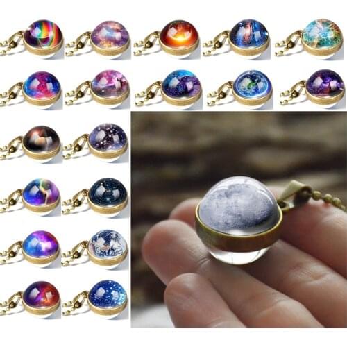Vintage Handmade Double Sided Glass Ball Planet Universe Starry Sky Galaxy Pendant Necklace Women Fashion Jewelry Accessories