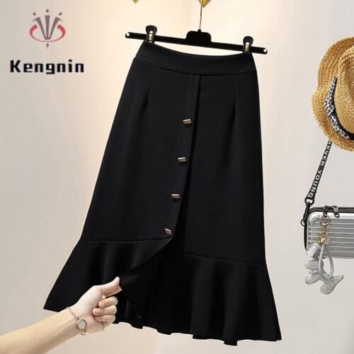High Waist Mermaid Skirts Women Autumn Winter Loose Large Size 4XL Female Skirts Button Design Office Lady Black Skirts KE1938