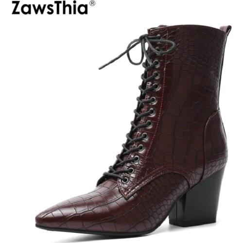 ZawsThia 2020 winter high heeled punk boots for women lace up snake print solid white black female martin motorcycle ankle boots