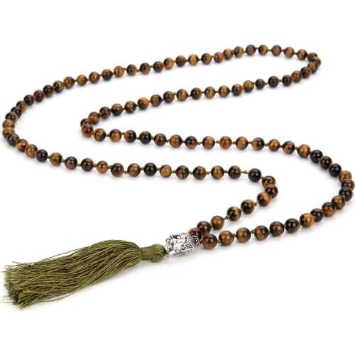 108Mala Yellow Tiger Eyes Beaded Knotted Declaration Meditation Blessing Yoga Semi-Precious Stone Amulet Jewelry Long Necklace