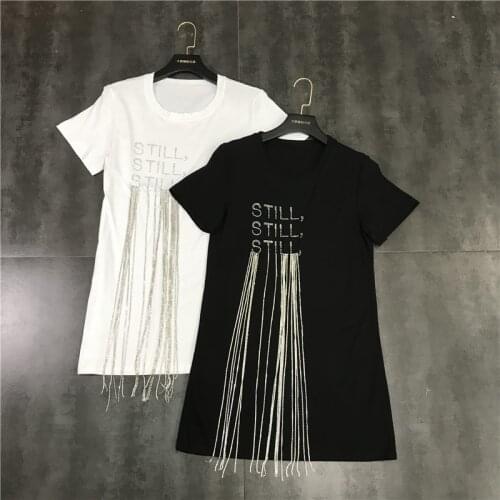 Super Chic Hotdrill Letters Rhinestones Tassels Women T-shirt Unique Diamonds Chains Medium Long Tee Top
