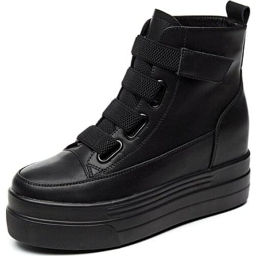 Womens Flat Platform Boots 2019 Autumn Winter Genuine Leather Ladies Boot Casual Hook & Loop Woman High Heels Ankle Boots Shoes