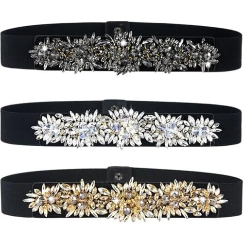 GOLDLILUO Designer Rhinestone Elastic Belt Womens Elastic Waistband Women Belts Luxury Full Crystal Female Waistband Hot Sale