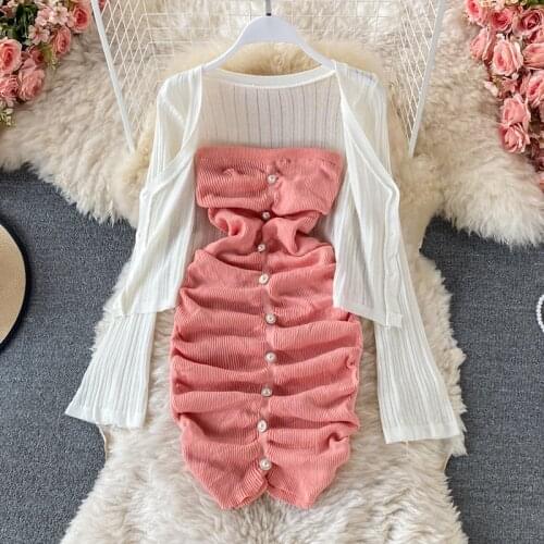 Spring and summer new suit womens knitted tube top dress western style thin cutout sun protection shirt two-piece suit