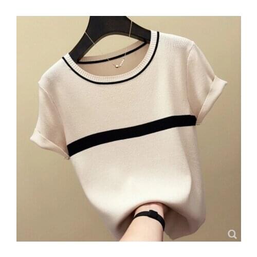 New Korean version O collar Ice silk sweater bottoming shirt womens thin pullover summer Short sleeve
