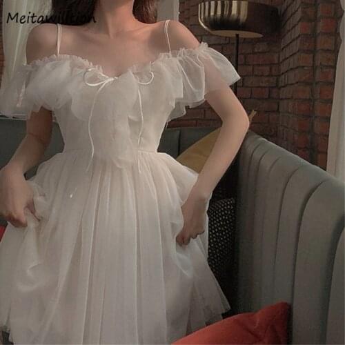 Women Sweet White Ball Gown Dress Sexy Lace Up V-Neck Long Sling Dress 2021 Summer Slim Sleeveless Mesh Lace Party Dresses