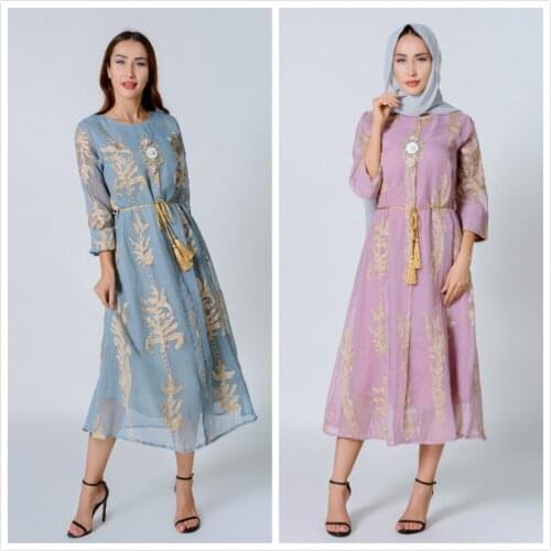 AB006 Pink Women Elegant Maxi Dresses With Belt Female Moroccan Robe Clothes 2021 Flower Embroidered Muslim Dubai Daily Hijab