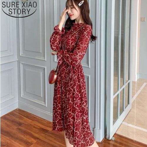 Vestidos 2021 Spring Long Sleeve Vintage Print Chiffon Lady Dress Stand Collar Loose Pleated Sexy Party Dress 8540 50 Robe Femme