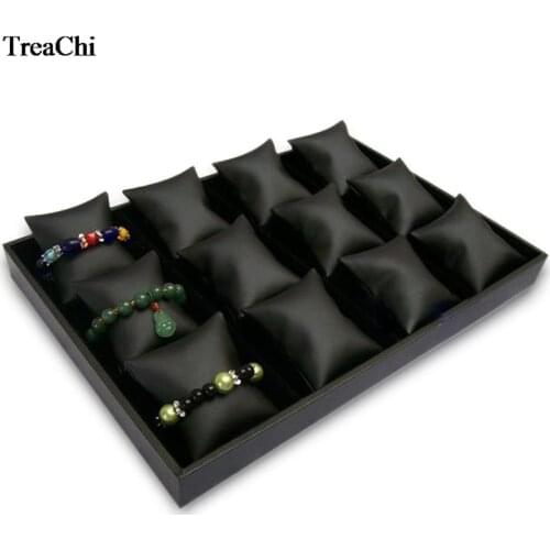 12 Grids Convenience Jewelry Display Case Bangle Bracelet Display Pillow Box Black PU Velvet Cushion Watch Holder Tray