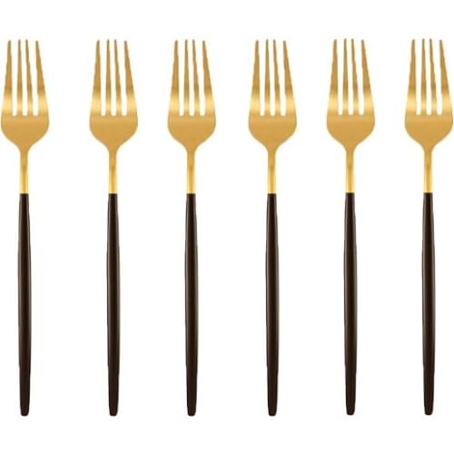6Pcs Matte Black Gold Dessert Fork Dinnerware Stainless Steel Cutlery Silverware Flatware Tableware Kitchen Afternoon tea Gift