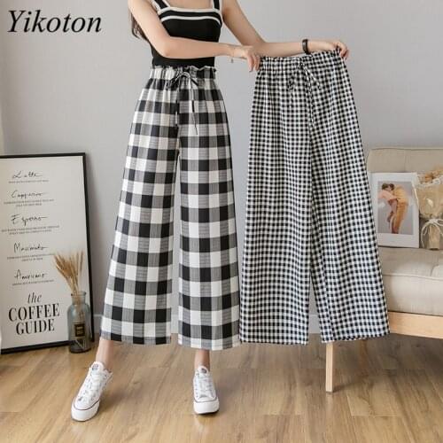 Spring/Autumn Pants Casual Sweet Printed Womens Wide Trousers Elastic Waist Womens Pants Plaid Pants Harajuku Chic Drawstring