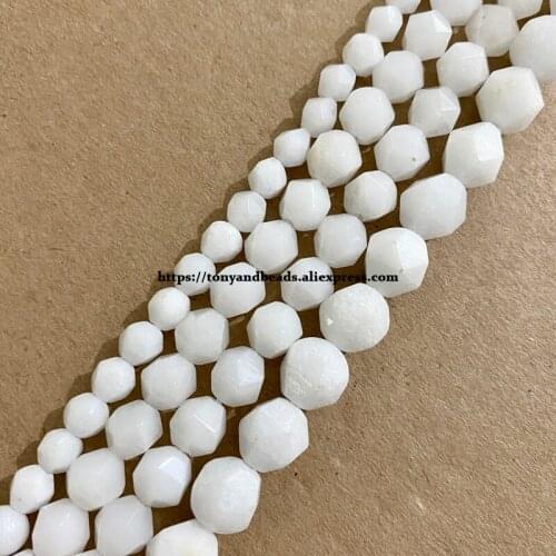 15" Natural Stone Big Cuts Faceted White Porcelain Jade Round Loose Beads 6 8 10 mm Pick Size