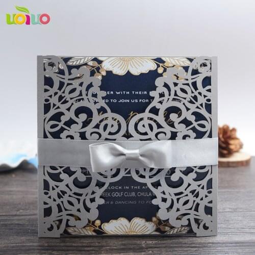 50pc Royal blue silver bow designed elegant laser cut wedding invitations cards