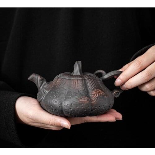 Purple Pottery Pumpkin Pot Antique Relief Ceramic Teapot Small Single Teakettle Tea Making Maker Household Kung Fu Teaset