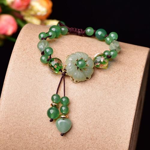 Green Jade Stone Jadeite Emerald Flower Bracelet Charm Jewellery Fashion Accessories Chinese Carved Amulet Gifts for Women Her