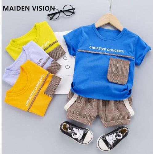 Childrens Clothes Set Baby Boys Fashion lattice Short sleeve T-shirt Top + Pants 2pcs/Set Kids Costume Toddler Boys Clothing