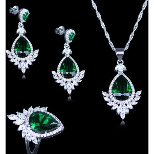 Russian Style Green Created Emerald White Crystal Silver Color Jewelry Sets For Women Best Wedding/Engagement Jewelry