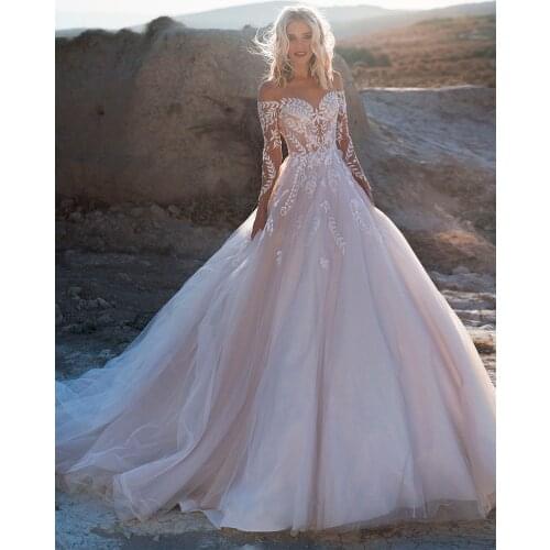 Off Shoulder Lace Wedding Ball Gown Beach Fluffy Tulle Boho Transparent Back Custom Made Plus Size Princess Pearls Bridal Gowns
