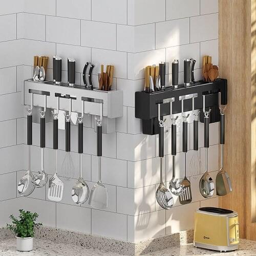 [ONLY FOR ISREAL USER]Stainless Steel Multifunctional Kitchenware Storage Holder 40cm with 6 Hooks 2 Chopstick Racks Punch-free