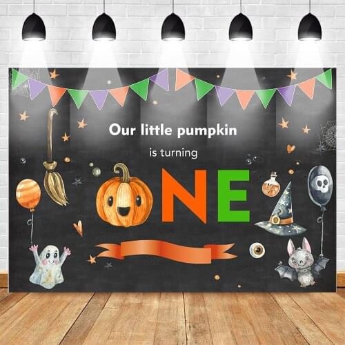 Mehofoto Baby One Birthday Photographic Backdrops Pumpkin Halloween Style Background Bat Ghost Black Balloons Backdrop for Photo