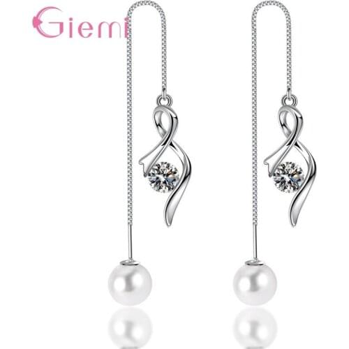 Fashion Women Pearls Dangle Earrings Bridal Wedding Jewelry Gifts 925 Sterling Silver Cubic Zirconia Long Tassel Drop Earings