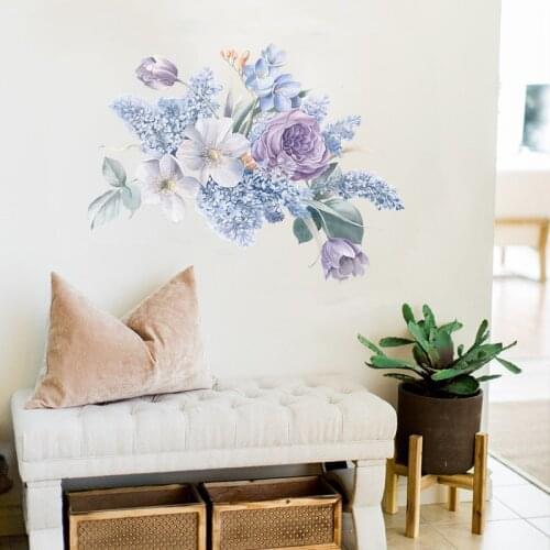 Purple Watercolor Flowers Wall Sticker Art Living Room Bedroom Decor Home Creative Wall Decals Self-adhesive Wallpaper