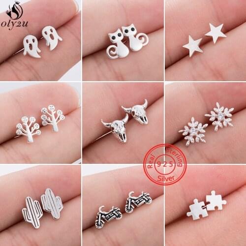 Multiple 925 Sterling Silver Cat Ghost Ox Motorcycle Stud Earrings for Women Girls Everyday Jewelry Kids Party Pendientes Mujer
