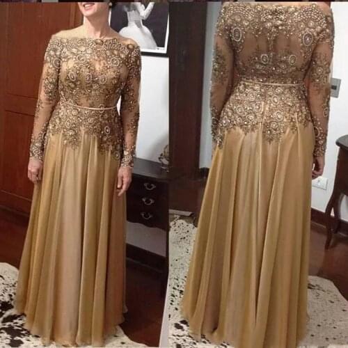 2020 Latest Arrival Charming Gold Lace Long Sleeve Mother of the Bride Dresses Off Shoulder Boat Neck Beaded Wedding Guest Gowns