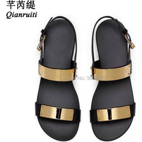 Qianruiti High Quality Beach Slippers Leather Sandalias Metal Sequined Buckled Summer Shoes Open Toe Slingback Flat Sandals Men