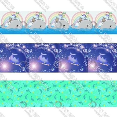 Custom 16mm foe printed elastic ribbons 16/22/25/38/75mm cute dolphin cartoon printed grosgrain ribbon 50 yards