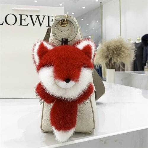 Luxury 18CM Mink Fox Fur keychain Metal steel claws small Fox Bag pendant Charm Trinket Car Key Ring Metal Ring Pendant Women