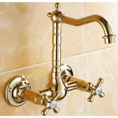 Luxury Gold Color Brass Wall Mounted Swivel Spout Bathroom Sink Faucet Double Handle Mixer Tap Wall Mounted zsf101