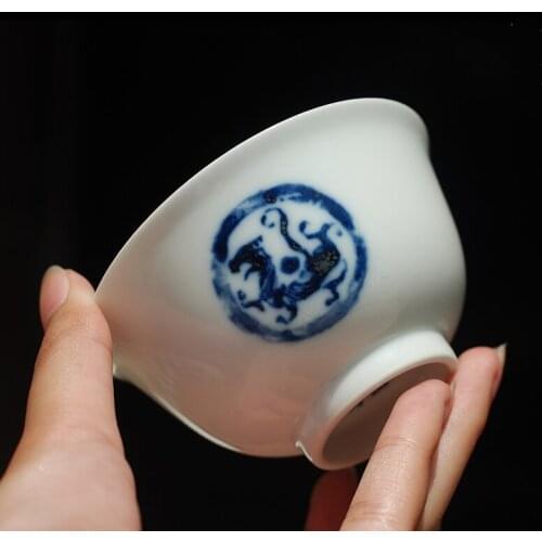 Hand-painted Blue and White Ceramic White Tiger Tea Cup Hand-made Ceramic Tea Set Kongfu Tea Bowl