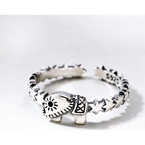 925 Sterling Silver Cute Elephant Pentagram Thai Silver Ring Vintage Opening Rings For Girls Gifts Jewelry S-R568