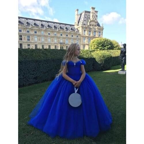 Gorgeous Royal Blue Princess Girls Pageant Dresses Off Shoulder Kids Cinderella Formal Dress Ball Gown for Party Custom Made