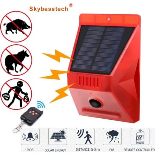 New Solar Alarm Strobe Siren Light Motion Detector Sensor 129db Sound Loud Waterproof for Farm Yard Deck Fence with Remote
