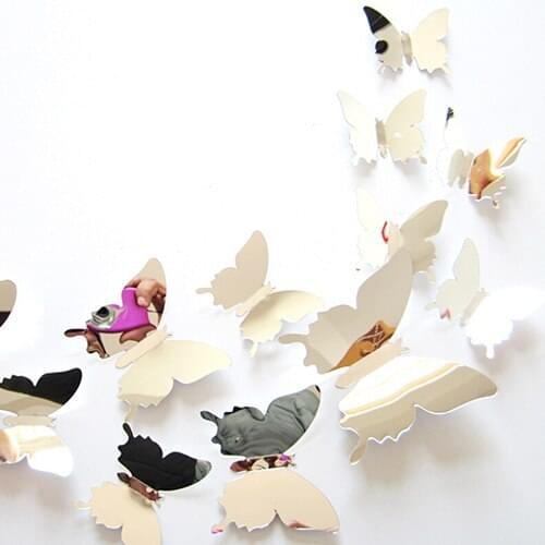 12 Pcs Mirror 3D Butterfly Wall Stickers Party Wedding Decor DIY Home Decoration